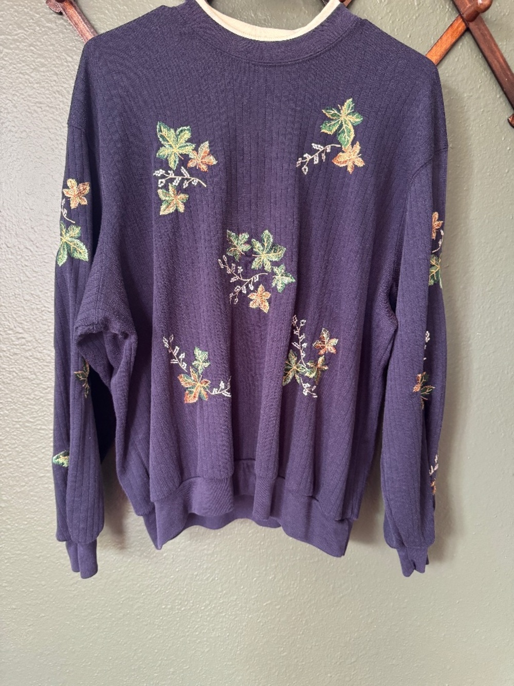 Vintage Navy Bonworth Embroidered Fall Ribbed Sweatshirt Womens M Cottage